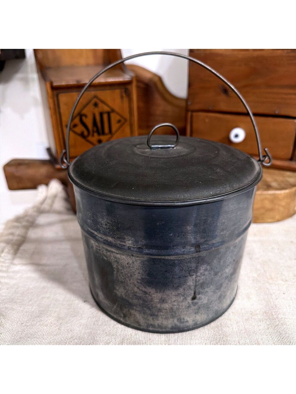 Antique 1800s Primitive Small Tin Berry Bucket Lunch Pail W/ Tight Lid Farmhouse